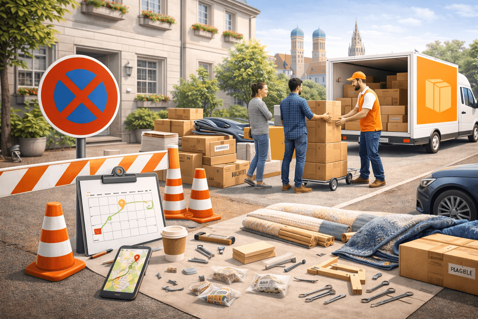 Calendar page and moving boxes suggesting a weekend move