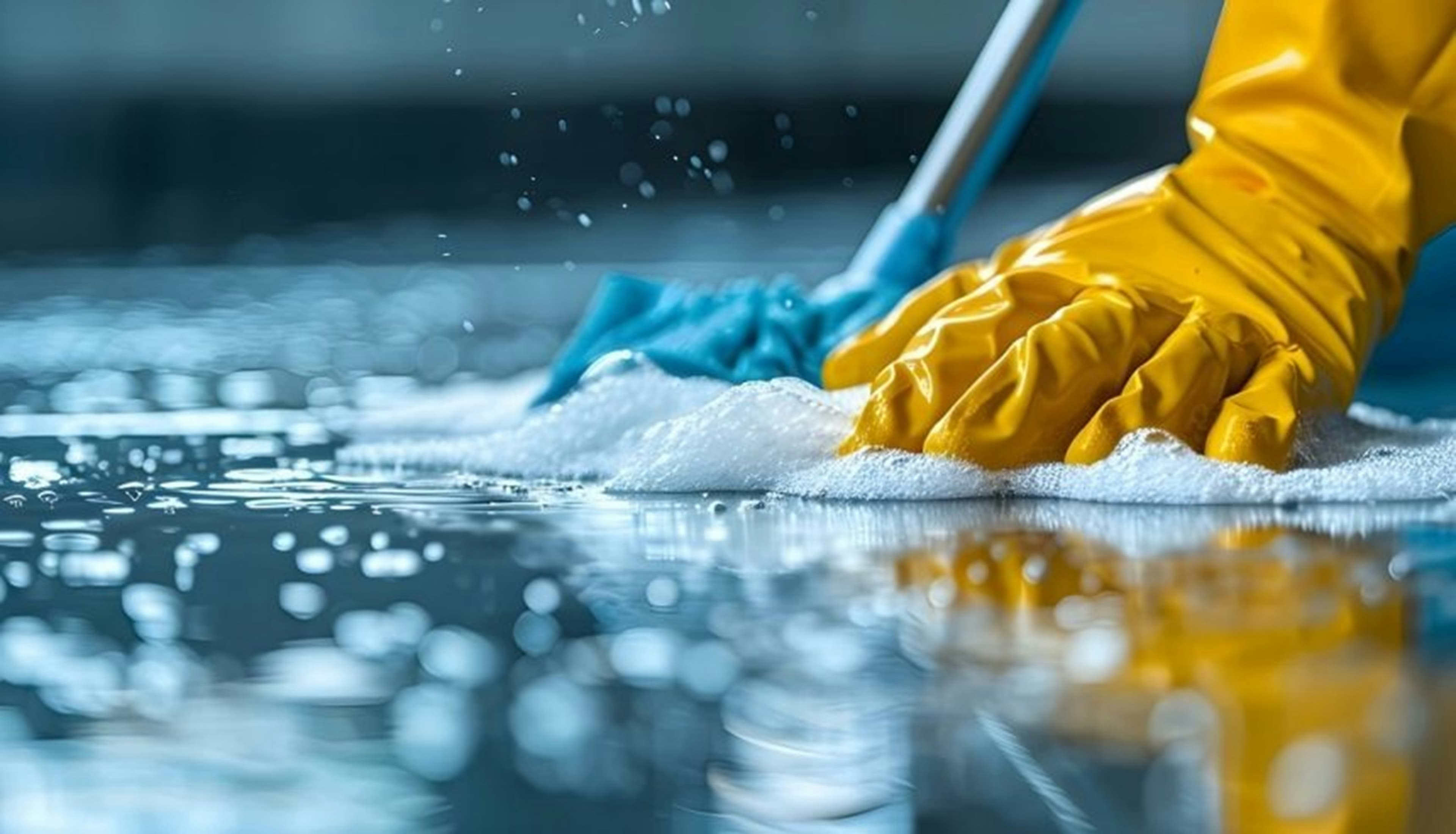 Cleaner working on tiles and details in a bathroom