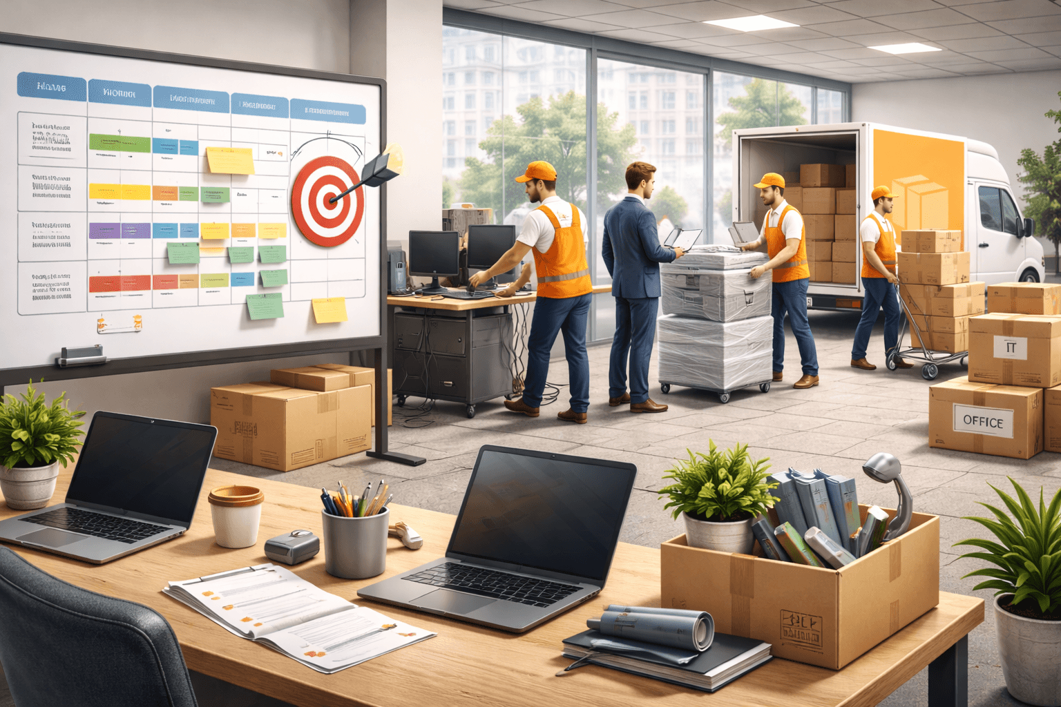 Business team discussing relocation plan on a whiteboard