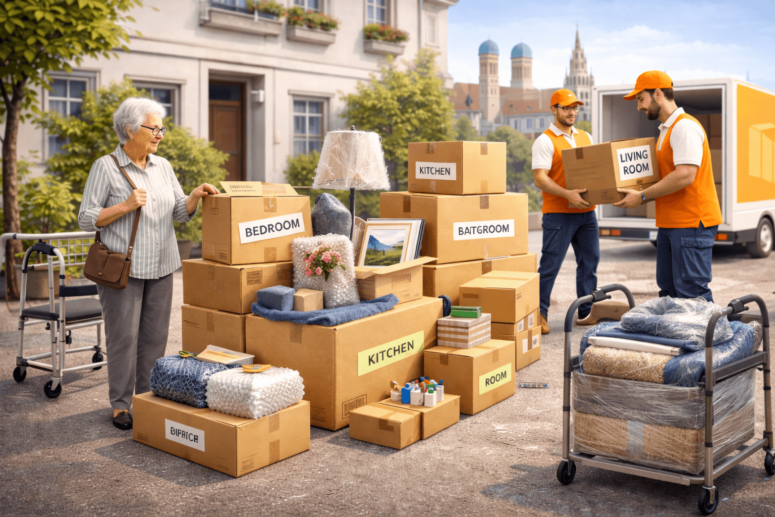 Senior person holding a small box with a helper nearby