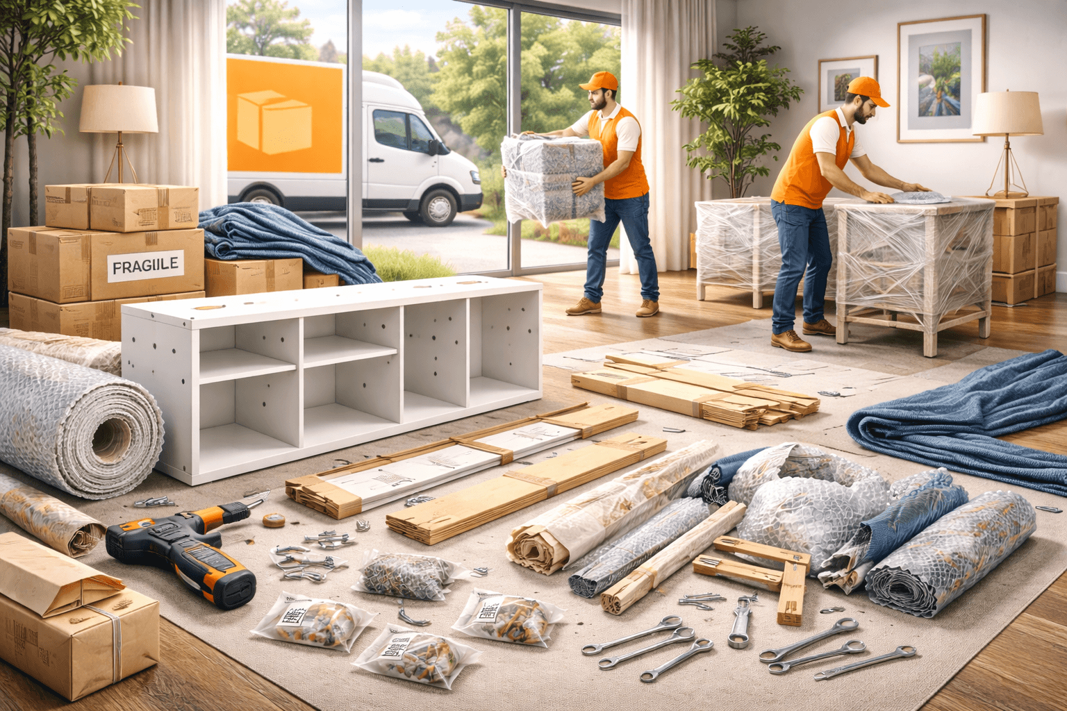 Tools and screws laid out for furniture assembly