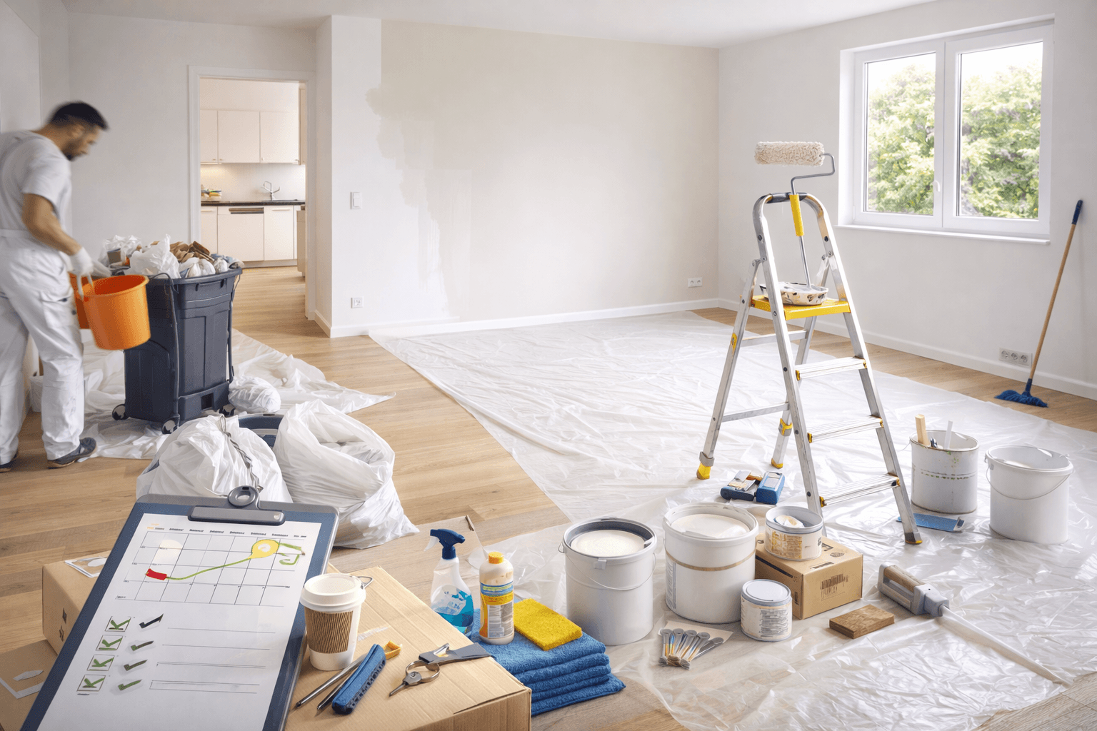 Paint roller and masking tape for renovation work