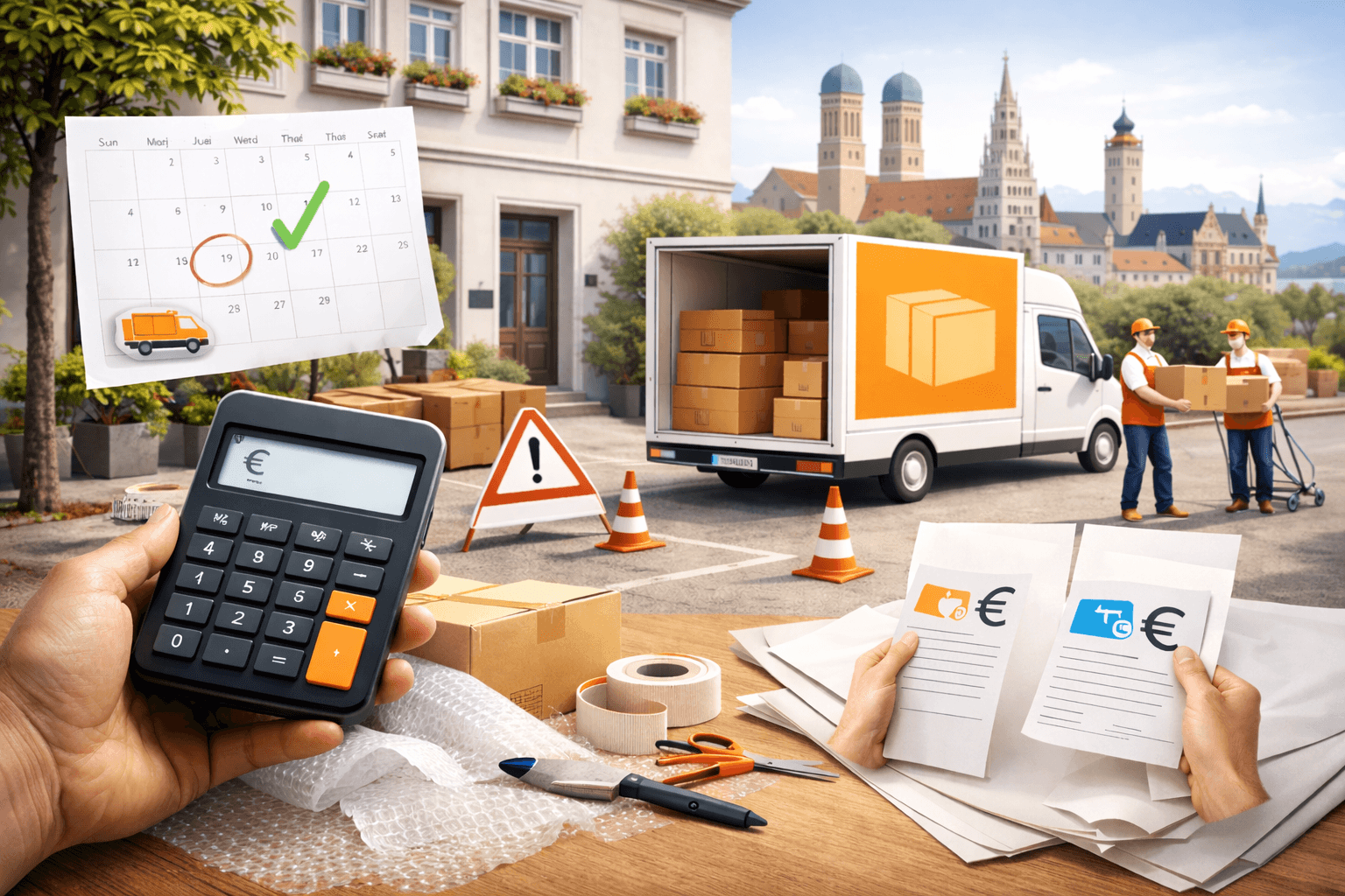 Calculator and moving boxes on a table